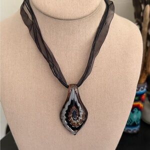 Vintage Black & Silver Blown Glass Pendant on Silk Ribbon Necklace NIB